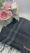 Load and play video in Gallery viewer, Burberry Cashmere Dark Grey Scarf- Pre loved💕
