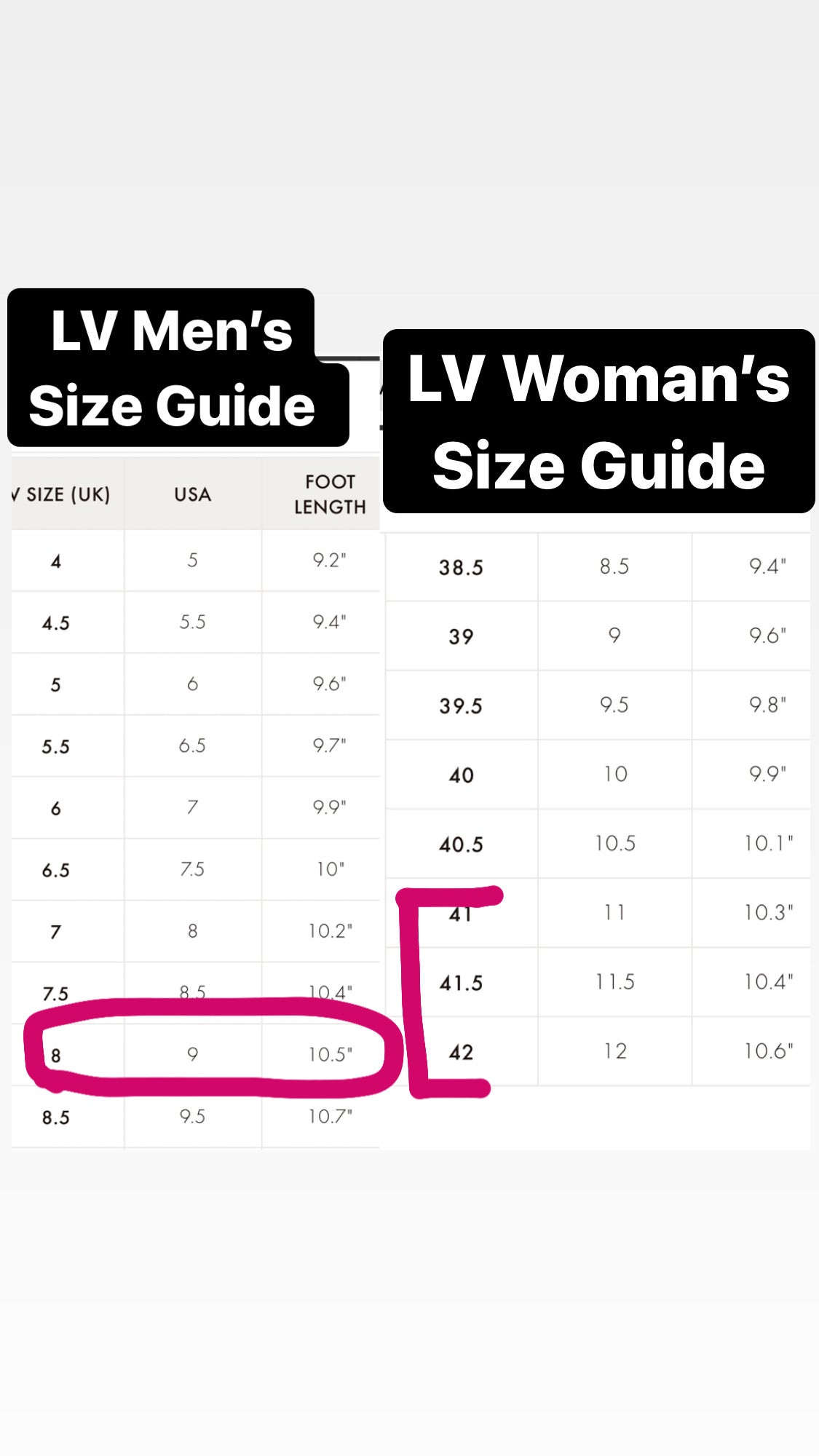 Louis Vuitton men's and women's size chart