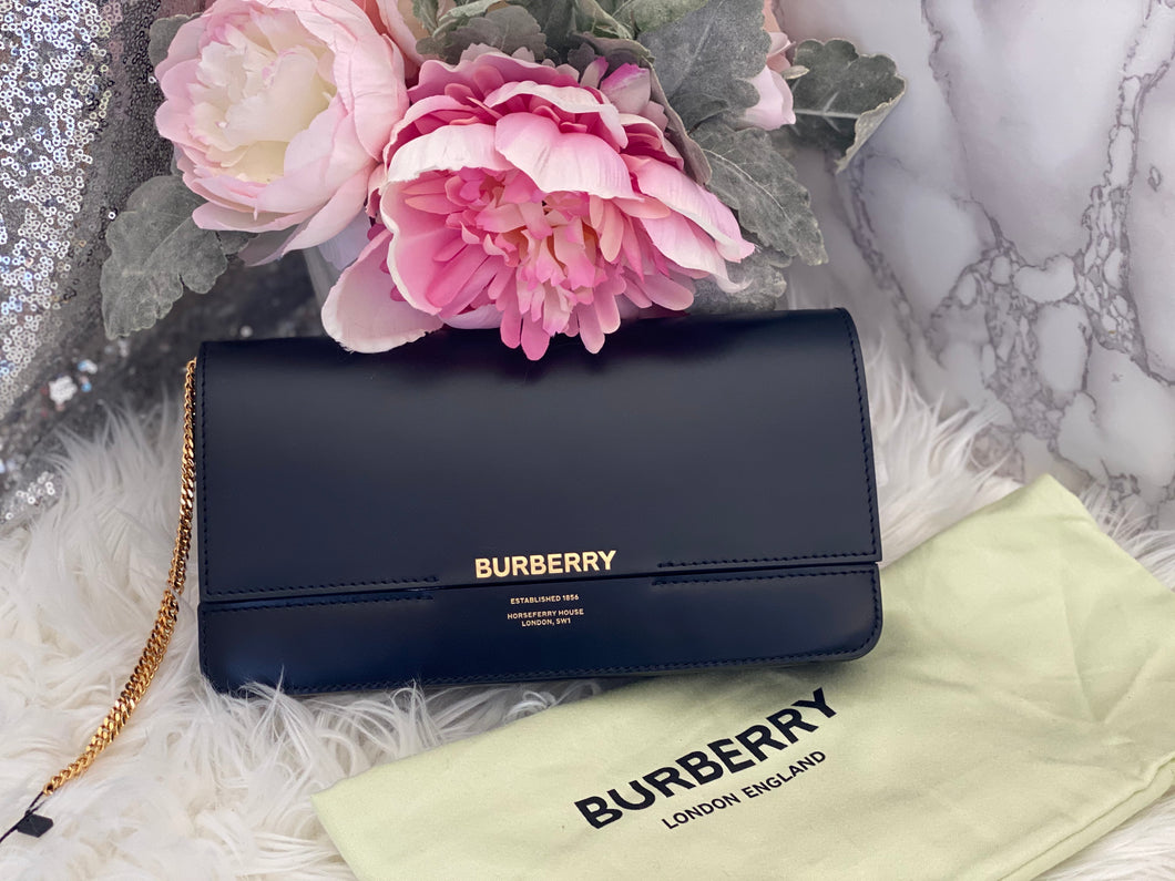 Burberry Leather Grace/ Horseferry Clutch with Beautiful Gold Chain- BRAND NEW!