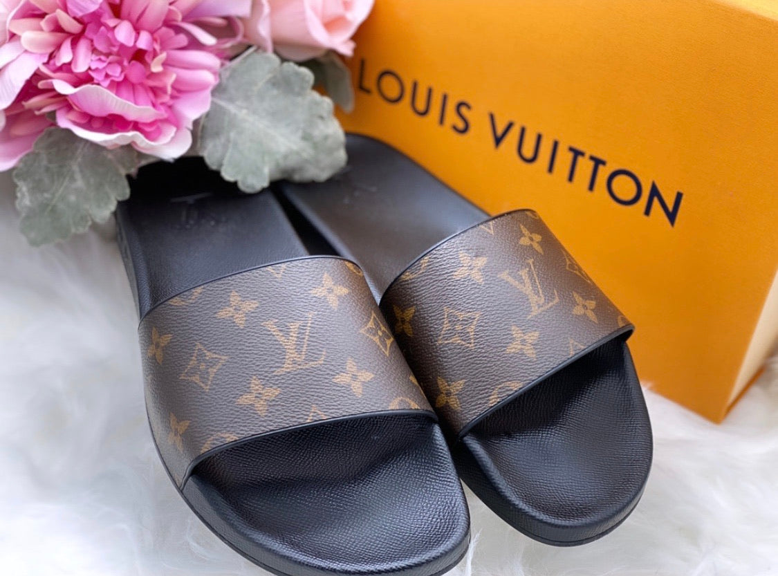 Louis Vuitton Waterfront Mule Slides In Black And Gold Monogram