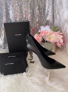 Saint Laurent YSL Opyum Smooth Leather Black Pumps With Officer Gold-Tone Heel- BRAND NEW!