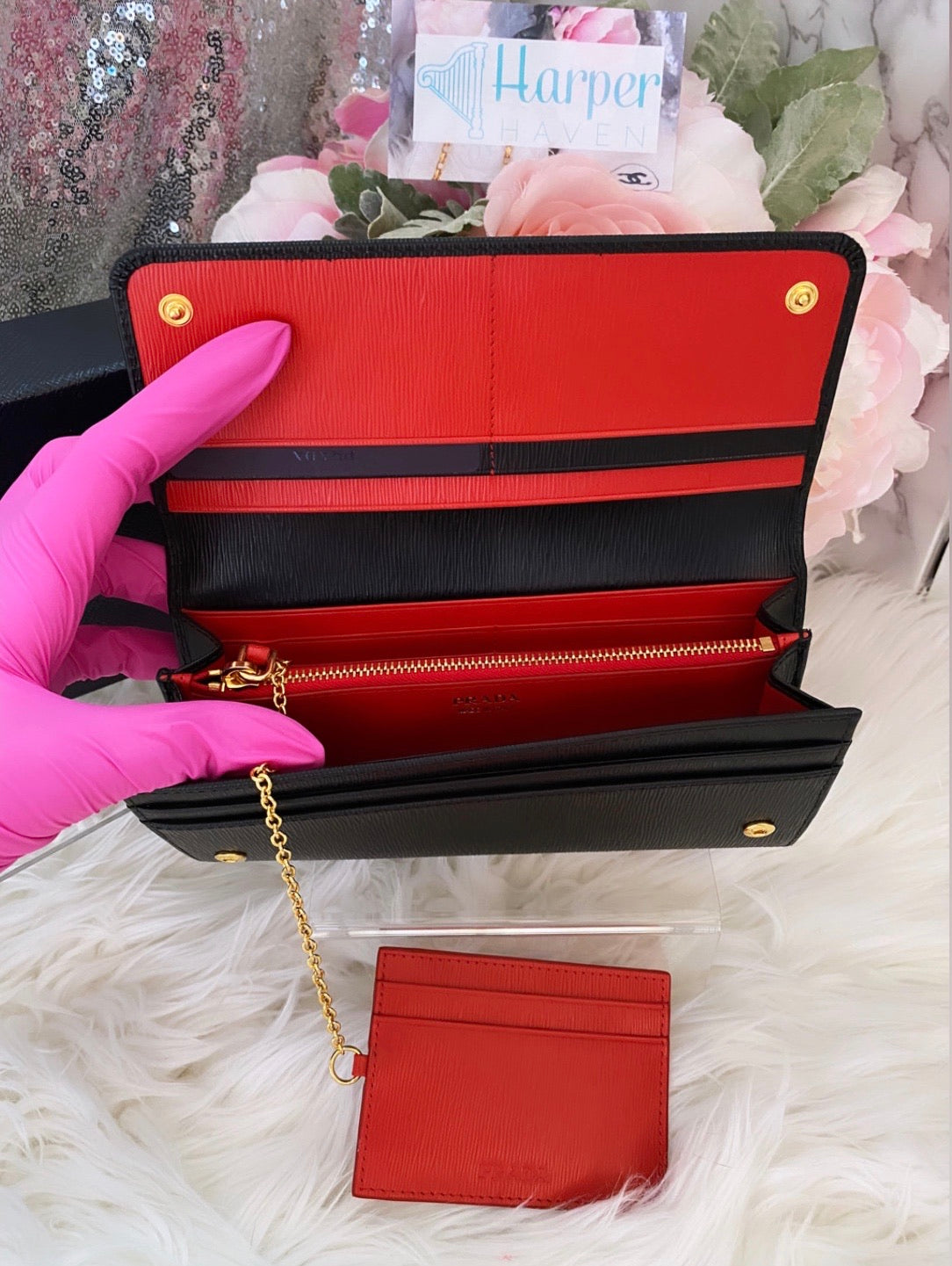Prada Saffiano Leather Black Wallet- Gorgeous Red Interior - BRAND NEW –  HarperHaven.Lux